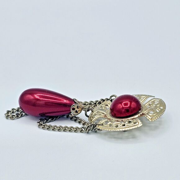 Victorian Revival Brooch Red Faux Draping Dangle Swag Chain Estate Jewelry Pin - Picture 3 of 9